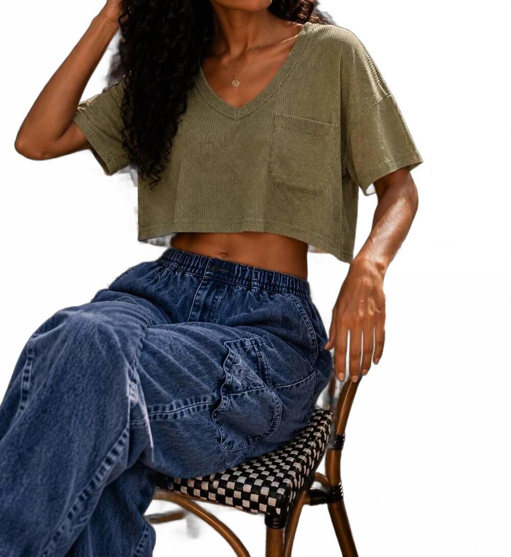 NEW SURELYMINE harper waffle knit v-neck pocket top in olive